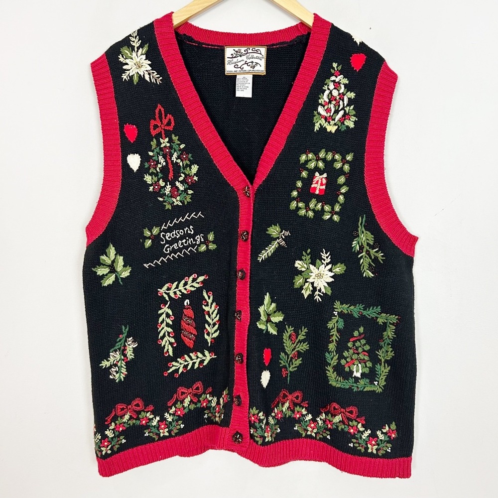 Vintage Women's Christmas Sweater Vest Beaded & Embroidered Size XL